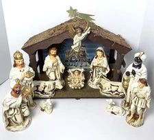 Vintage Nativity Set Composite Paper Mache Japan 14 pc Music Box Creche 1950s
