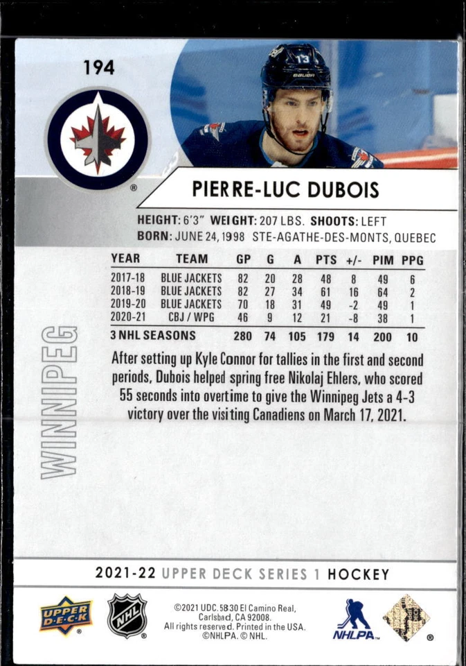 2021-22 Upper Deck #194 Pierre-Luc Dubois - Image 2 of 2