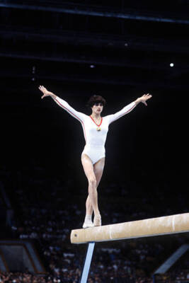 Romania Nadia Comaneci in action on the beam 1980 Historic Old Photo 2