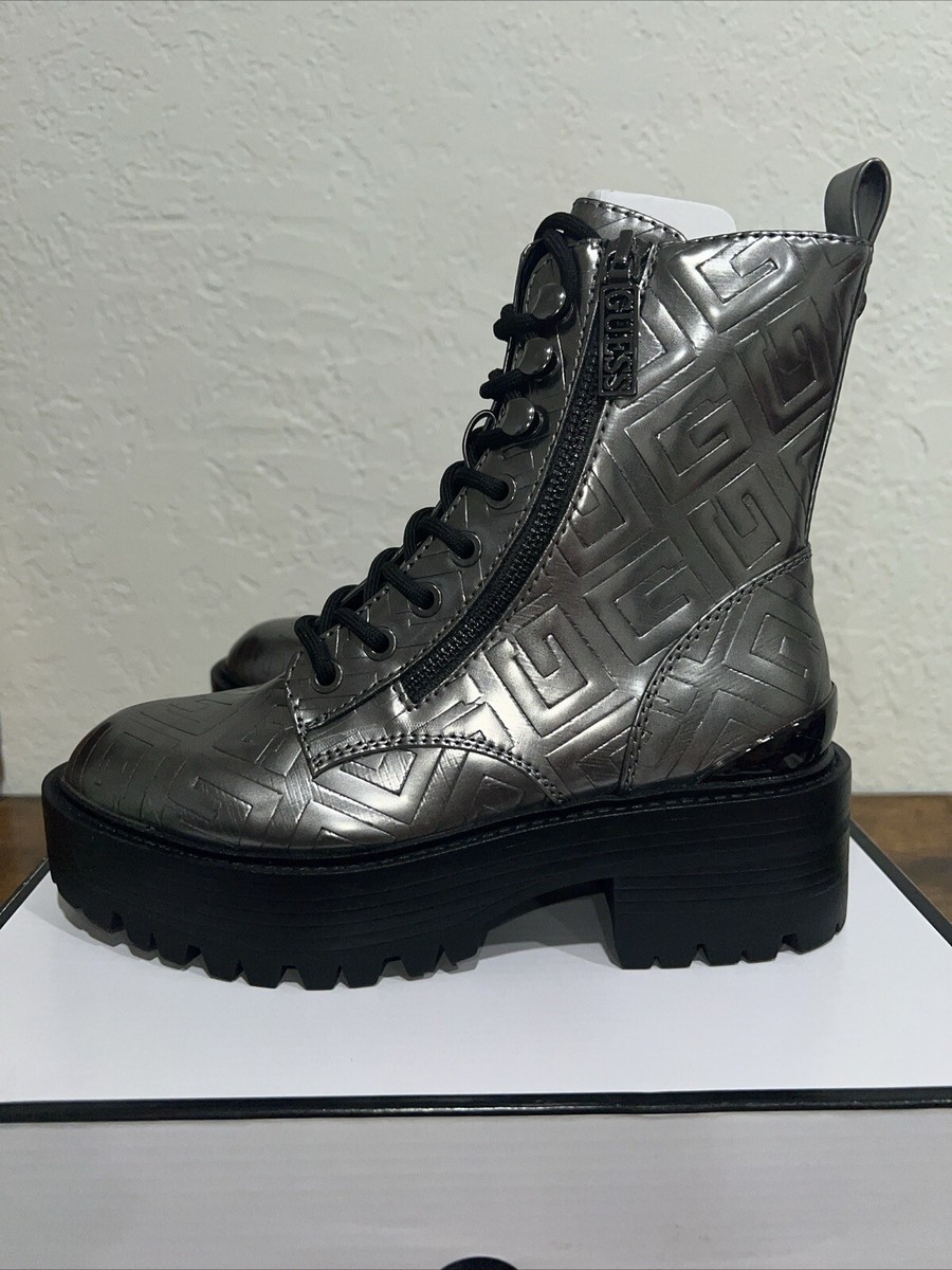 NEW IN BOX! GUESS Women's Fearne Pewter Silver Combat Boots