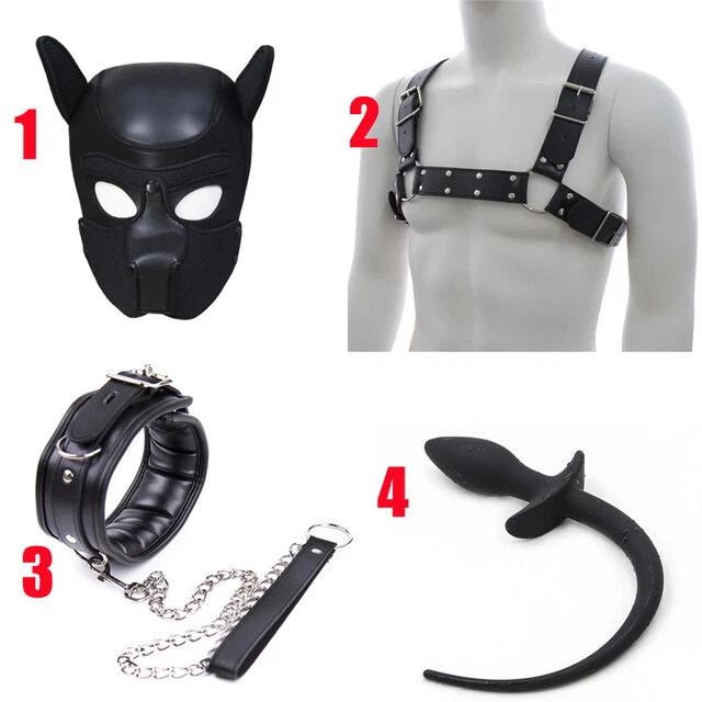4PCS Puppy Hood Role Play Dog Mask Puppy Cosplay Chest Harness Strap Dog Tail - Image 3 of 4