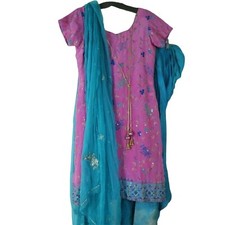 Pink Blue Embroidered Salwar Kameez Set with Dupatta Womens Medium Lightweight