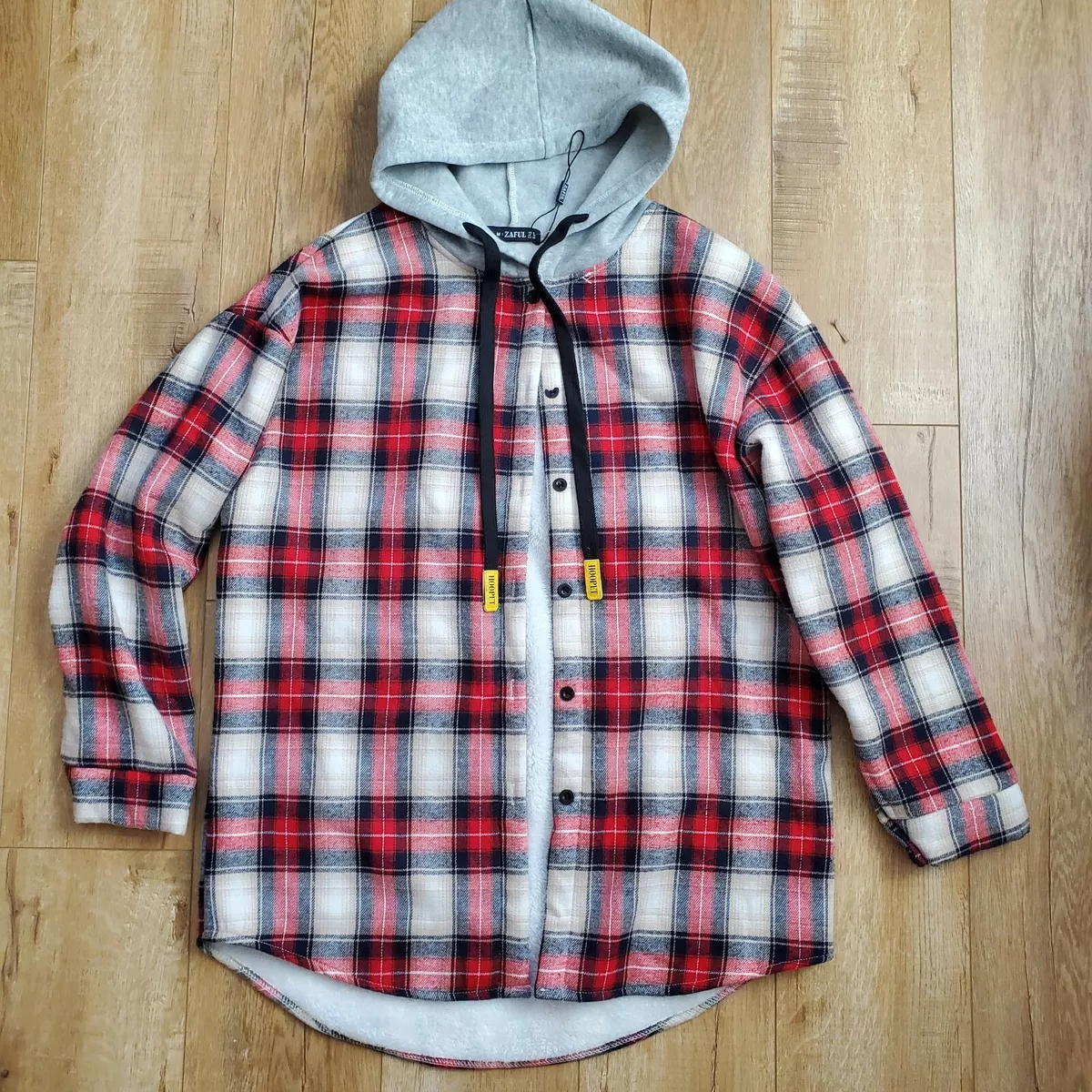 New Zaful Hooded Sherpa Lined Flannel Shirt Jacket Button Red