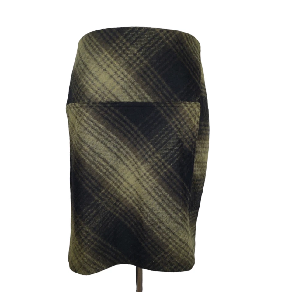 Falda Lápiz Vivienne Tam Mezcla Lana Cuadros Talla 10 Negro Oliva Cuadros Mini Foto 2 de 4