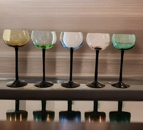 Vintage MCM Set Of 5 Multicolored Black Stem Cordial Glasses 6.25"