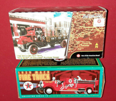 Lot of 2 Ertl Texaco Trucks - 1918 Mack Flatbed - 1929 Mack Fire Truck NIB