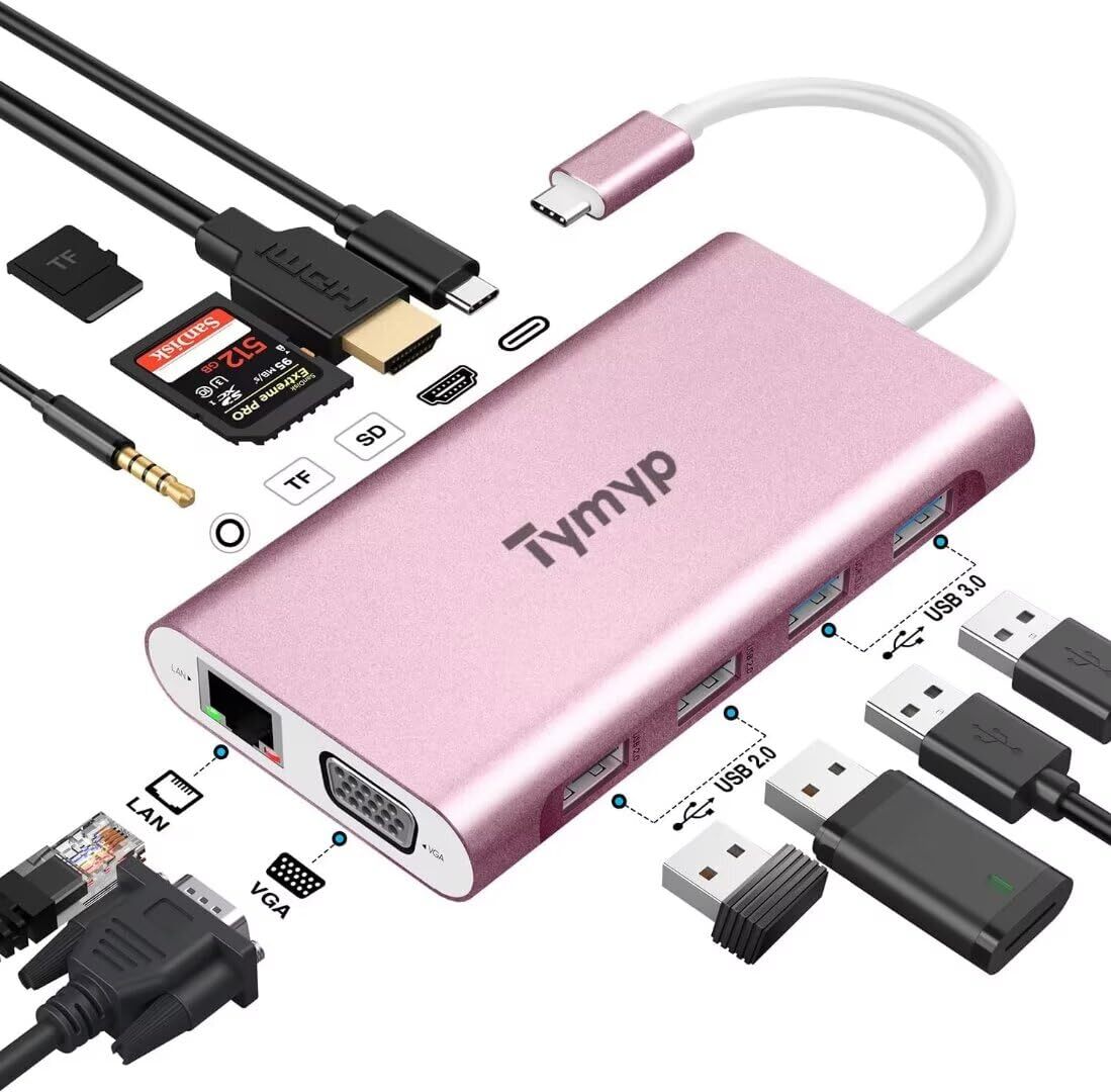 Tymyp Hub USB C, splitter USB C con 4 K HDMI, VGA, 100 W PD, Ethernet, (d4a)