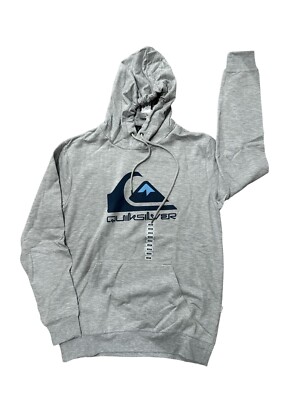 Quiksilver Hoodie Mens Fleece Gray Blue Graphic Logo Size M Cotton Blended NEW