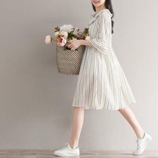 Japanese Mori Girls VINTAGE Palace Loose Doll Collar Stripe Half Sleeve Dress