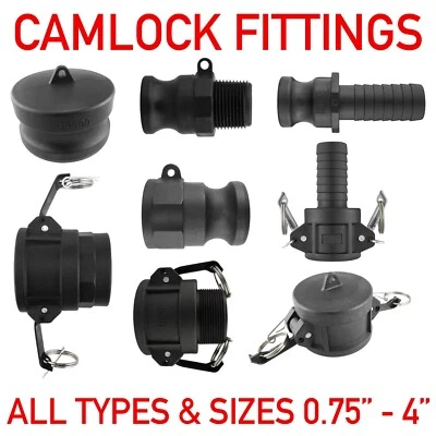 COST WISE camlock layflat hose fittings type A,B,C,D,DP,DC,E + F, full range of sizes