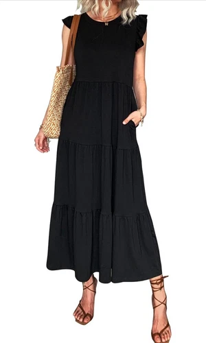 Mieazom Women's Summer Sleeveless Maxi Dress Ruffle Sleeve  SZ Small