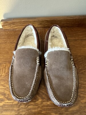 H. S. Trask Men Shoes Brown 6 M Full Leather Slip On Shearling Moccasin Slippers