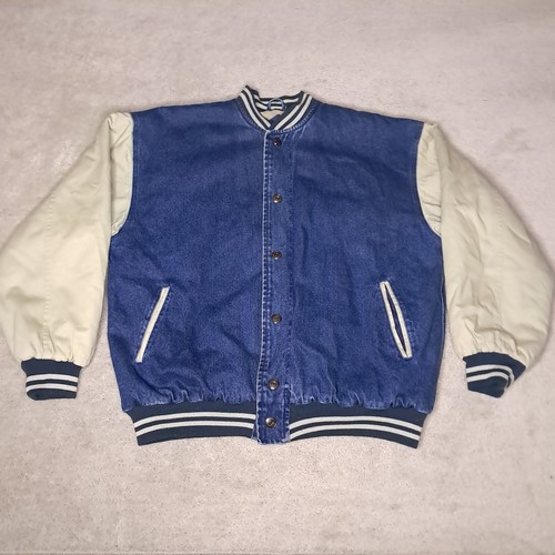 Vintage 90s North Bay World Travel Bomber Denim Jacket Mens Large Blue Varsity