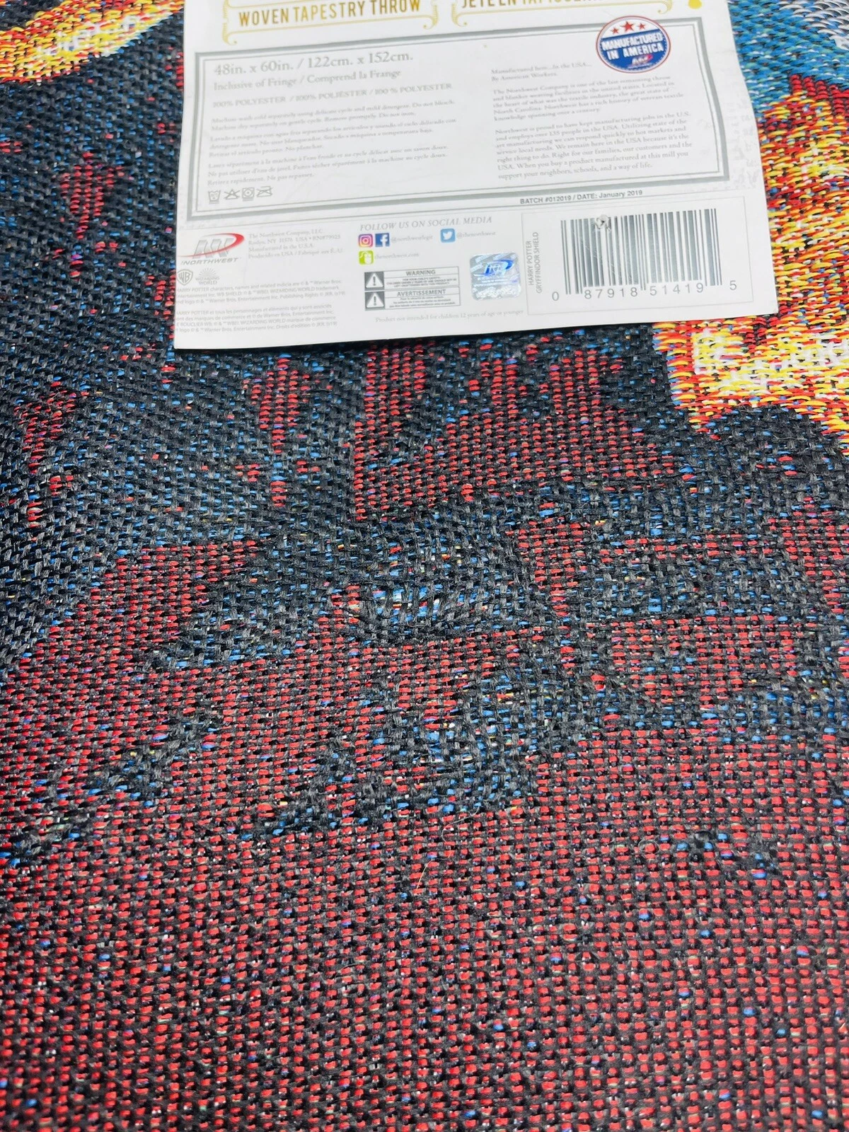 Harry Potter Gryffindor Shield Woven Tapestry Throw Blanket Northwest 48x60 NEW