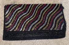 La Regale Evening Clutch Black With Multi Colored Glass Beads VTG