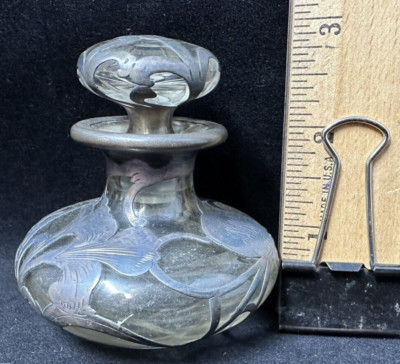 FINE SILVER Overlay PERFUME Vanity BOTTLE Floral Iris 3'' 3110 1866 Fine Antique