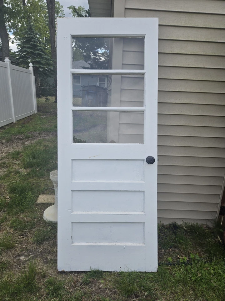 Puerta antigua de madera maciza con ventanas de cristal años 60 32 x 80 x 1 1/4 Foto 2 de 4