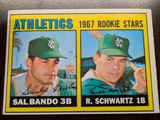 1967 TOPPS BASEBALL CARD #33 SAL BANDO R SCHWARTZ ROOKIE CARD ATHLETICS EX+ LOOK. rookie card picture