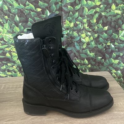 Auth. CHANEL CC Logo Quilted Black Leather Moto Biker Combat Boots