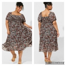Torrid Black Flower Floral Tea Length Smocked Bodice A-Line Dress Size 0 Large