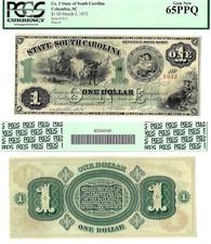 1872 $1 State Of South Carolina, Columbia Revenue Bond Scrip PCGS Gem New 65 PPQ