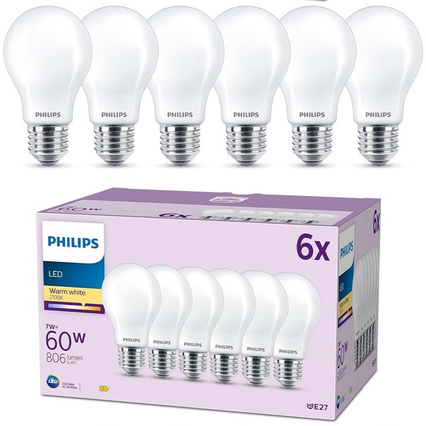 Philips Set Mit 6X LED Lampen E27 A60 7W = 60W 806Lm 2700K Warmweiß Leuchtmittel-image