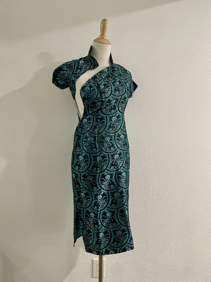 VTG 50s/60s Floral Jaquard Cheongsam Qipao Banner Dress Small FLAW - Image 2 of 4