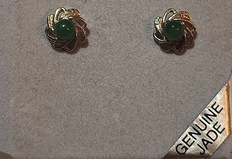 Quality Jadeite Jade Emerald Green Dome Genuine Stud Earrings Gold Tone New