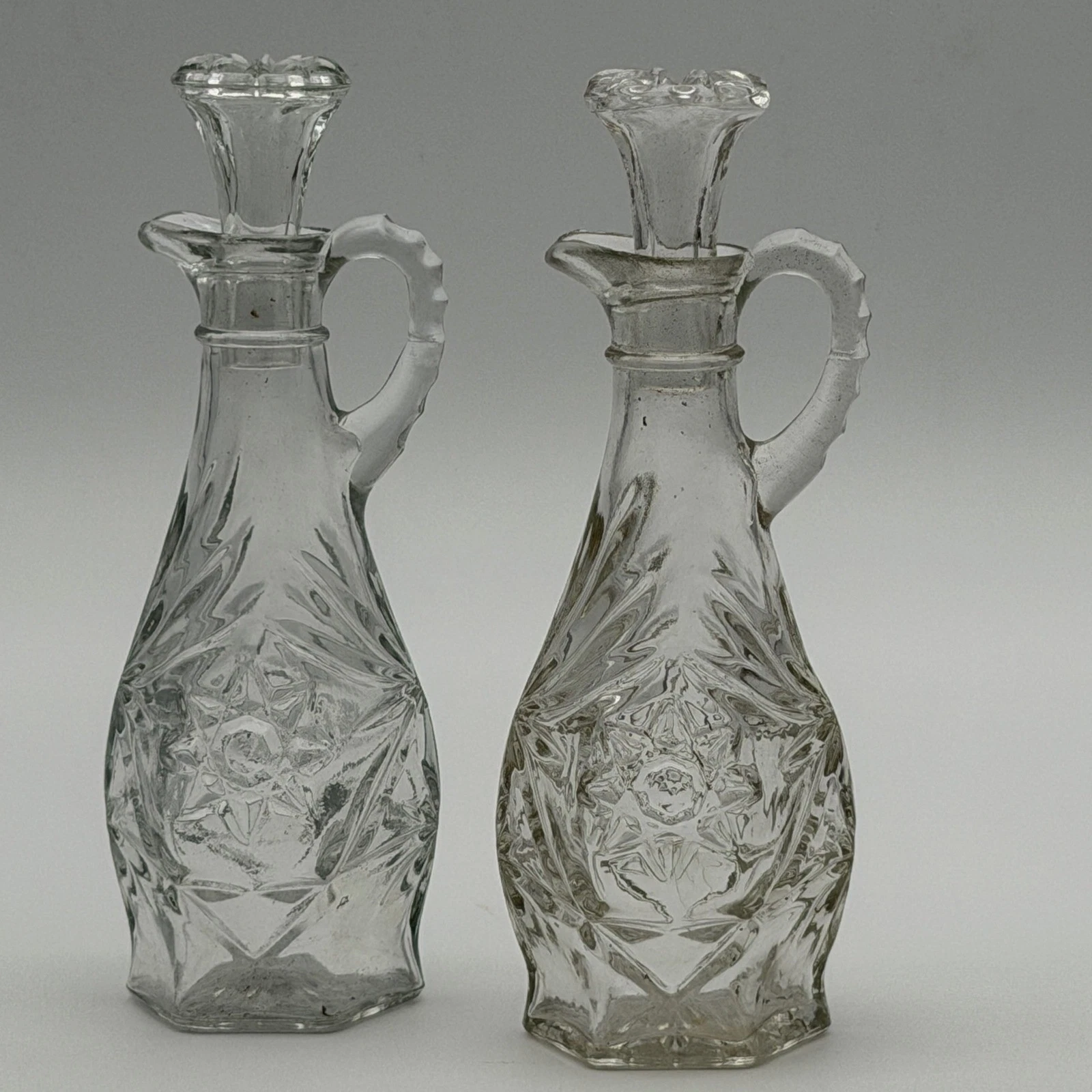 Vintage Clear Pressed Glass Starburst Cruet Set with Stoppers Set of 2 7 inch