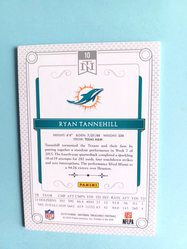 2015 NATIONAL TREASURES RYAN TANNEHILL #10 BASE CARD #15/99 MIAMI DOLPHINS - Image 2 of 2