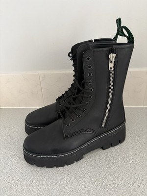 Solovair schwarz Leder fettig 11 Ösen Reißverschluss Plateau Derby Stiefel UK 8