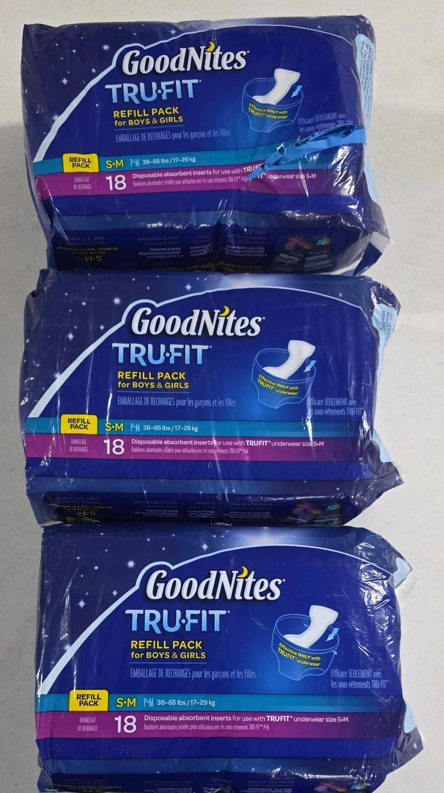 *See Descrip* Set of 3-GoodNites TRU-FIT Refill Pack Unisex Inserts Sm/Med 18 ct
