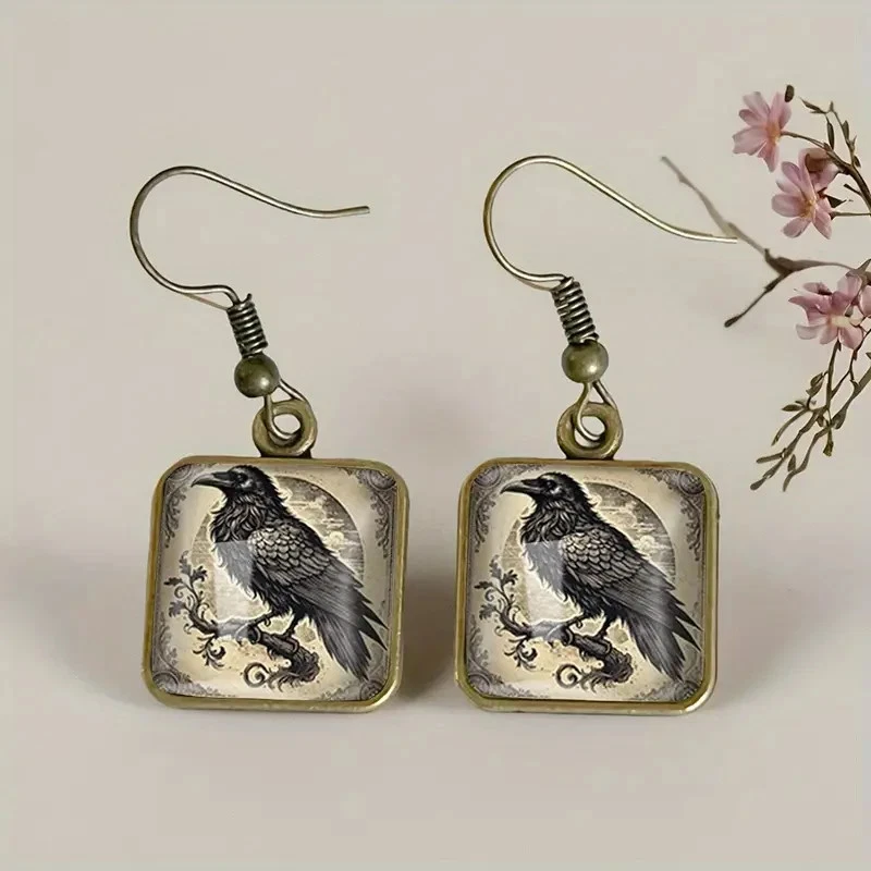 Raven Square Earrings Black Crow Art Print Silver Dangle Handmade Glass - Image 3 of 3