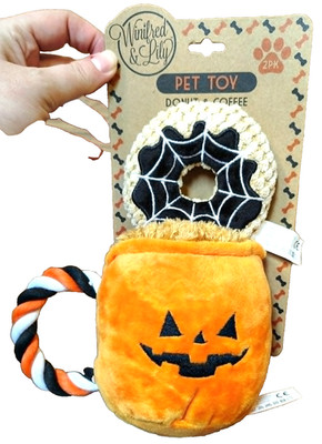 Halloween Dog Pet Toy DONUT & COFFEE Plush Set of 2 Pumpkin Spider Rope