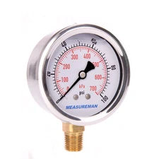 MEASUREMAN 2-1/2" Dial Size, Glycerin Filled Pressure Gauge, 0-100Psi/Kpa, 304 S