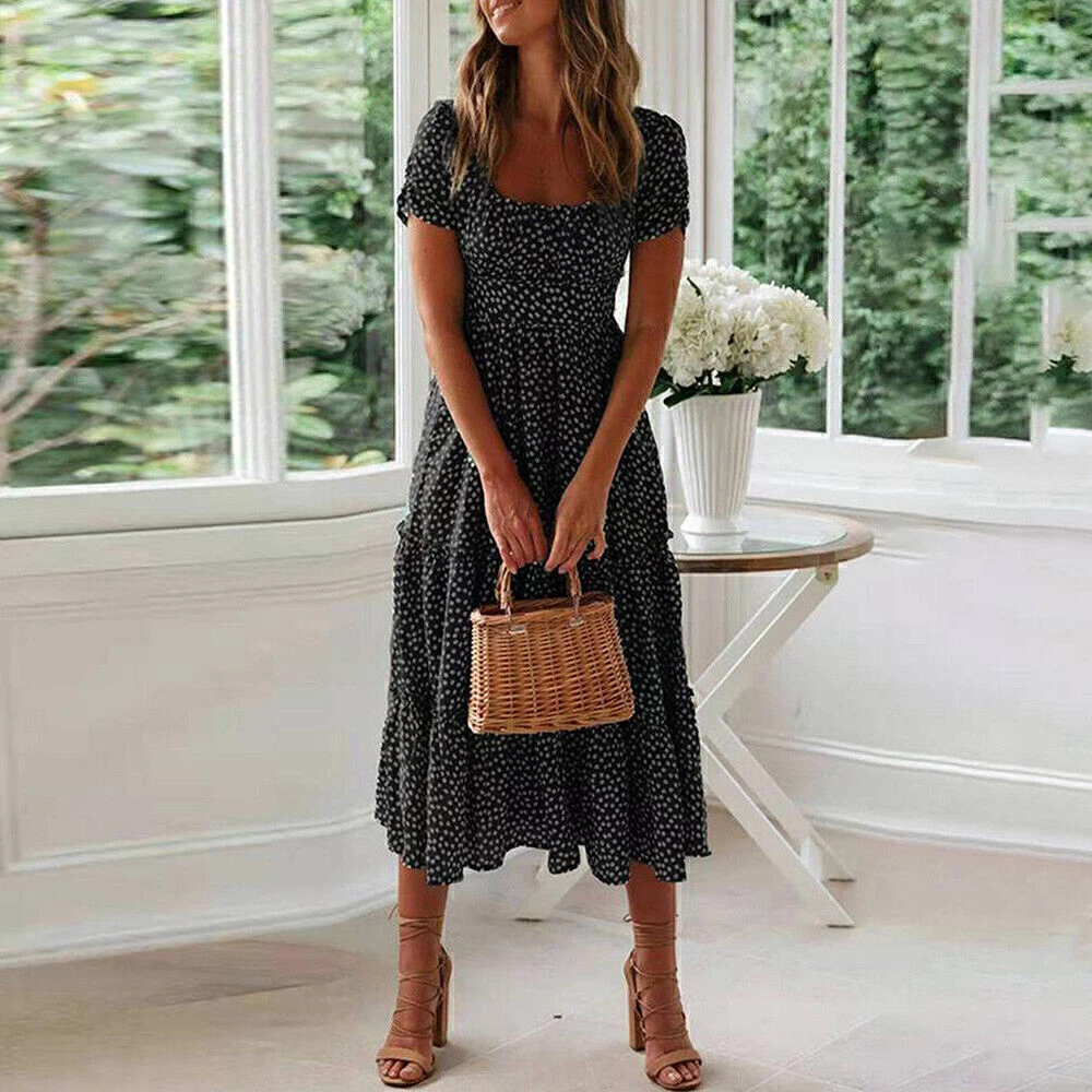 VALENTINO Abito midi donna boho floreale con volant prendisole estivo vacanza festa swing