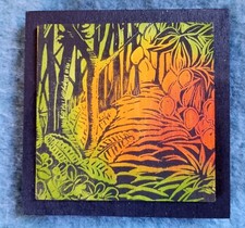 Botanical Linocut Print Picture Wooden Tile Path Ferns Sunlight Paradise Garden