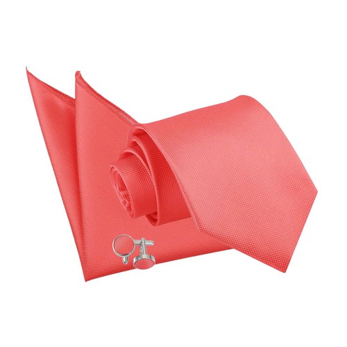 Coral Mens Tie Handkerchief Cufflinks Set Woven Plain Solid Check by