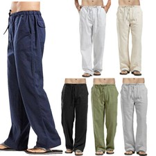Mens Baggy Pants Cotton Linen Elasticated Lounge Yoga Sumemer Trousers Bottoms
