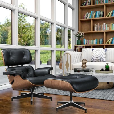 Walnut Black Eams Lounge Chair and Ottoman Set Top Grain Leather Armchair