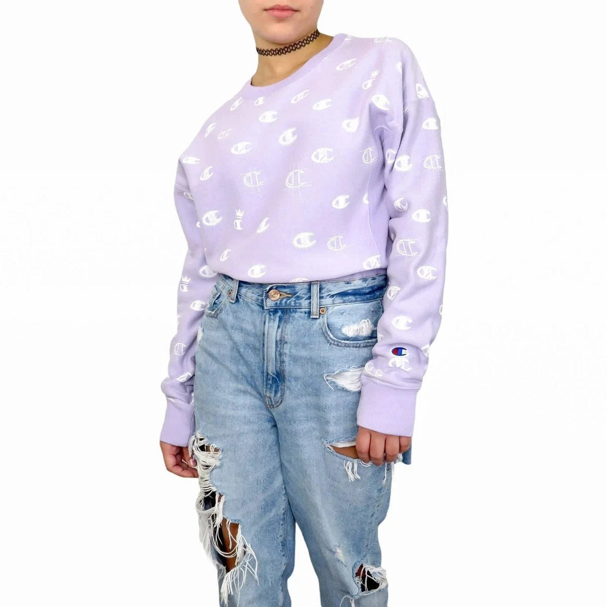 Champion Pastel Purple Logo Sweatshirt Crewneck Size XS Print Knit Pullover NEW