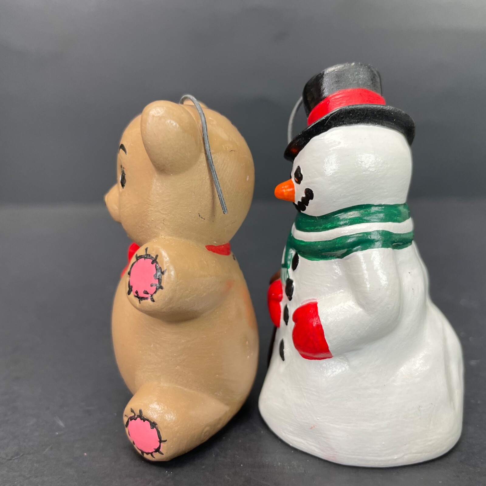 Teddy Bear & Snowman Christmas Ornaments Hand Painted Vintage Holiday