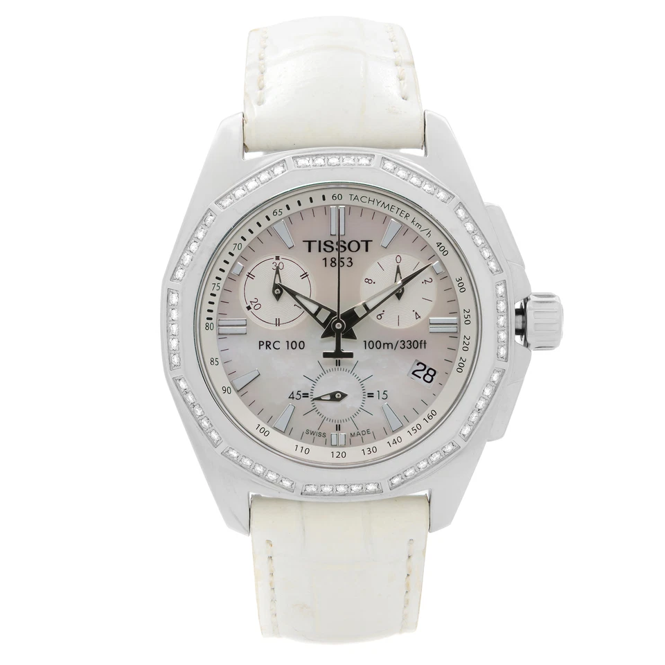 Reloj para dama Tissot PRC 100 Streel bisel diamante esfera mop cuarto T22.1.456.21