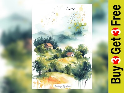 Tranquil Countryside Scene, Watercolor Painting Print 5''x7'' on Matte Paper