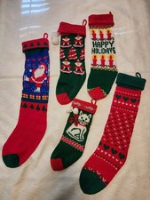 12 Vintage Knit Holiday Christmas Stockings Santa Cat/Mouse Candles Hearts Trees