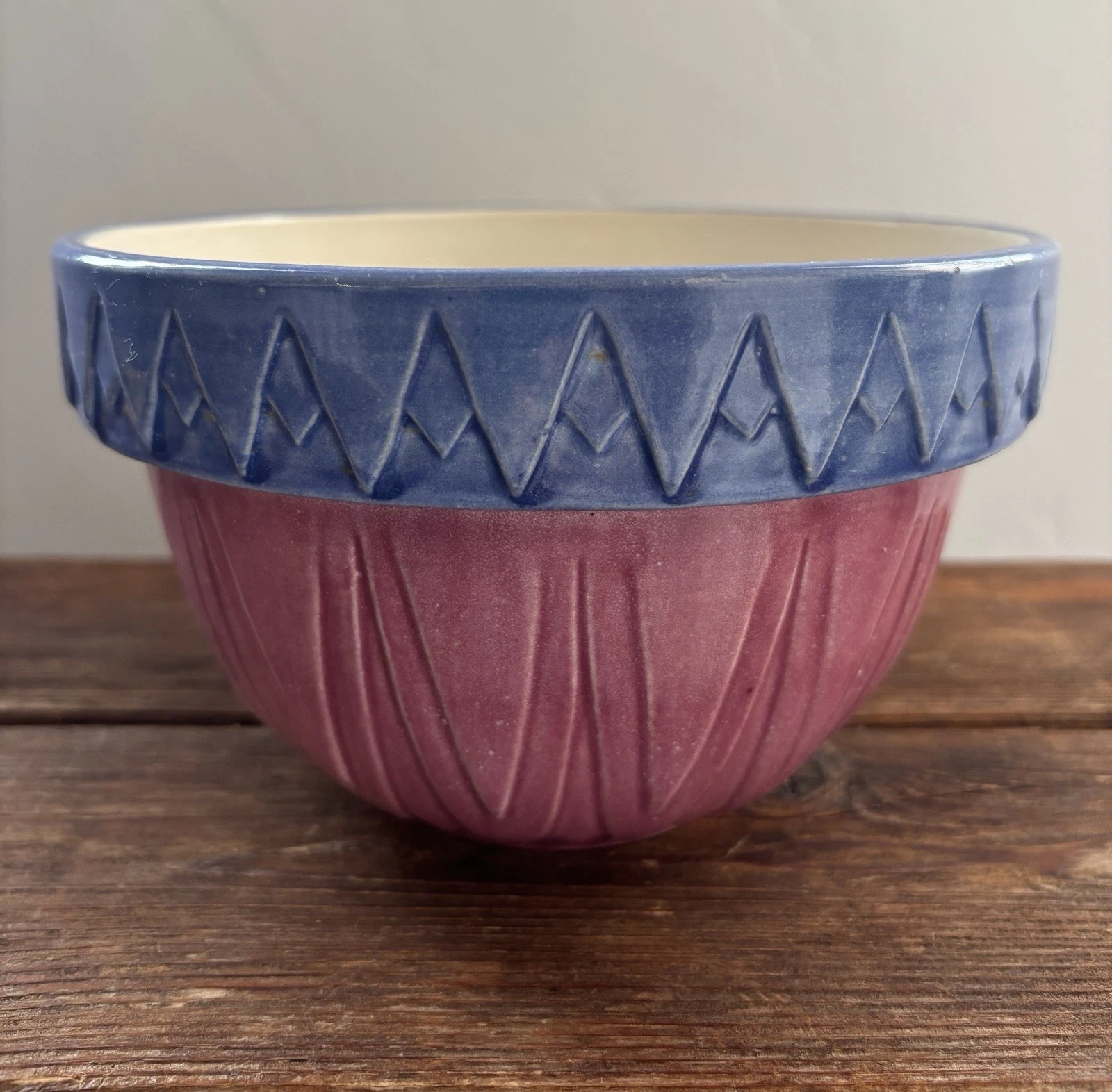 Stoneware Pottery Blue & Pink 8” Mixing Bowl Cottage Farmhouse Clay City?