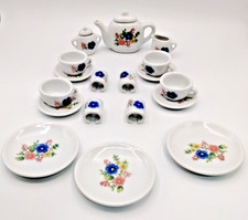 Vintage Strombecker Corp Childs China Porcelain Tea Set Floral Pink Blue Doll