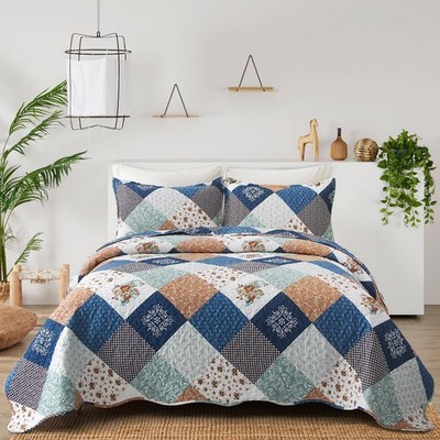 Dinjoy Reversible Patchwork Quilt Bedding Set Queen Size Blue Green Grey Plaid F