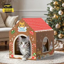 Christmas Cardboard Cat House W/Scratcher, Gingerbread Man Indoor Cat House for