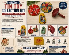 Vintage Tin Toy Lot Spinning Tops Clown Jester Noisemaker US Metal Toy USA